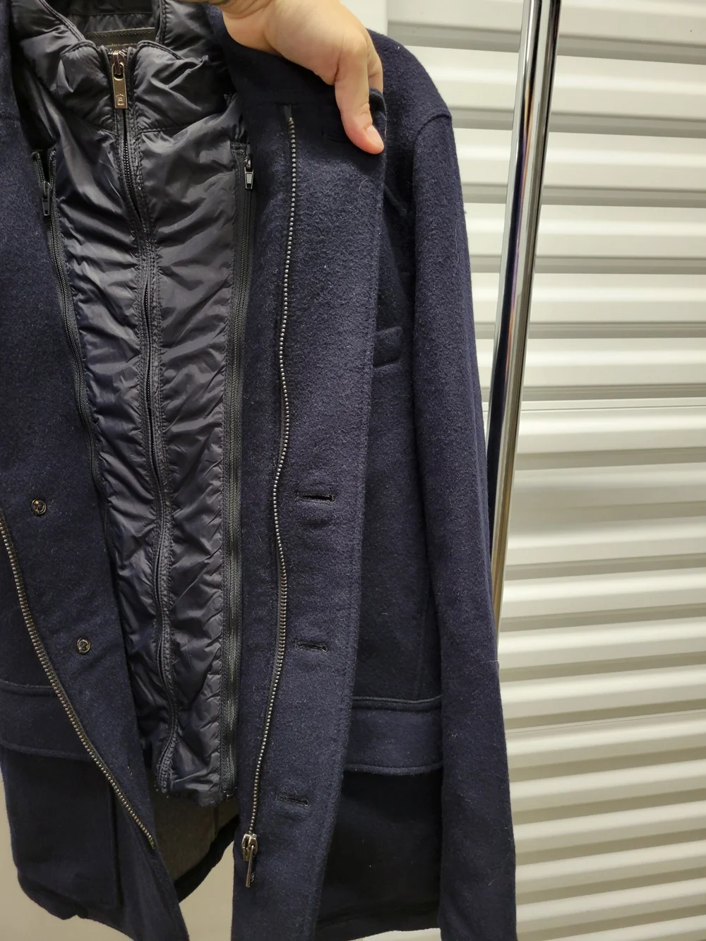 Massimo Dutti 2-in-1 wool jacket featuring a built-in, quilted puffer bib